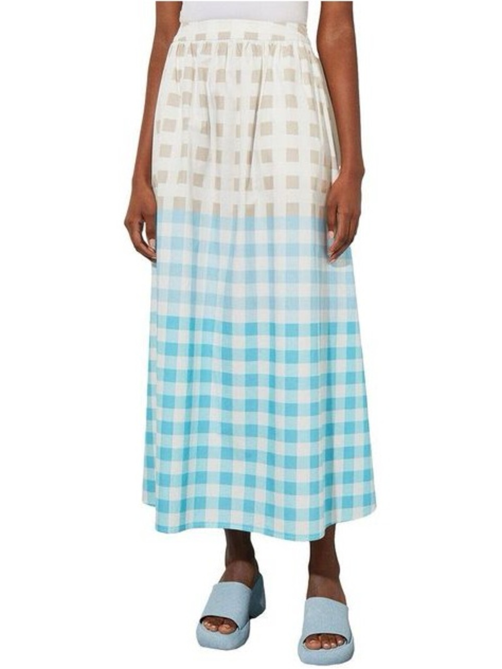NWT Ming Wang Light Blue and Cream Cotton Gingham Maxi Skirt with Pockets M